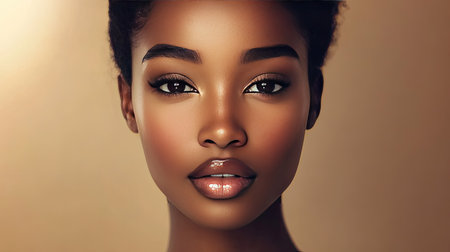 Elegant close-up of a young woman with radiant skin and neutral makeup, beige background creating a sophisticated, beauty-focused aesthetic.の素材