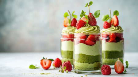 Elegant matcha strawberry trifle with lime sponge cake, matcha mascarpone cream, and fresh berries. Served in a glass jar on a white table.の素材