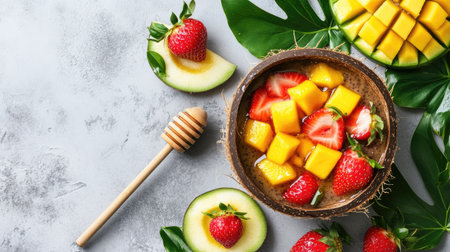 Exotic aa bowl in a coconut shell, topped with fresh mango, strawberries, and a drizzle of honey, tropical beach brunch, top viewの素材