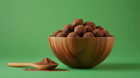 Elegant wooden bowl filled with cocoa-dusted chocolate truffles. Dark chocolate pieces and a wooden spoon holding cocoa powder. Green background.の素材