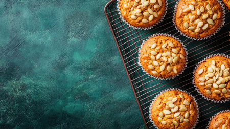 Festive pumpkin muffins with crunchy pumpkin seeds, metal cooling rack on a textured dark green surface, Thanksgiving baking concept, top viewの素材