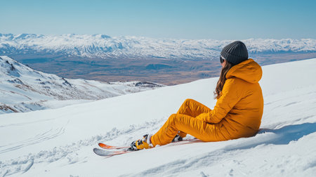 Girl in bright ski jacket lounges on a snowy slope, admiring vast mountain views. Tracks from skis weave down the hill behind her.の素材