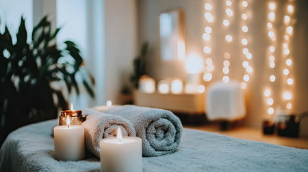 Focus on a spa foot massage set featuring candles, towels, and oils, with a blurred background showing a calm and soothing foot massage session.の素材