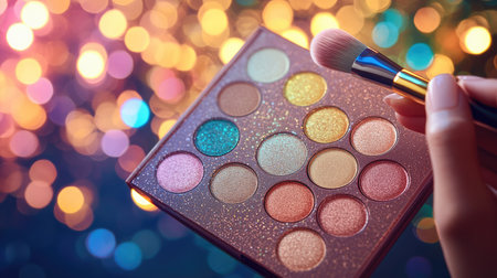 Focus on artist's hand holding contouring palette while applying makeup with professional brush. Warm tones and blurred background enhance detail.の素材