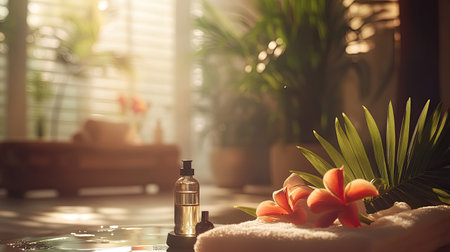 Focus on spa decor and treatment items like flowers and oils, with a blurred background showing a relaxing foot massage session.の素材