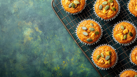 Festive pumpkin muffins with crunchy pumpkin seeds, metal cooling rack on a textured dark green surface, Thanksgiving baking concept, top viewの素材