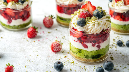 Festive matcha and strawberry trifle in a jar with layers of lime sponge cake, matcha mascarpone cream, and berries. Close-up food photography on a white table.の素材