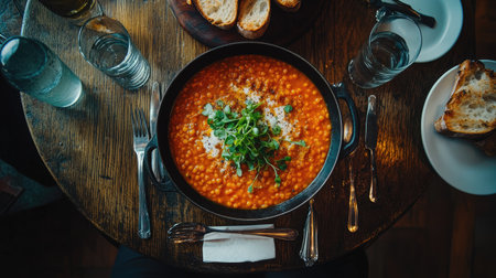 Hearty lentil soup with a crispy toasted baguette, warm and comforting, rustic dark table setting for a cozy meal aesthetic, top-down shotの素材