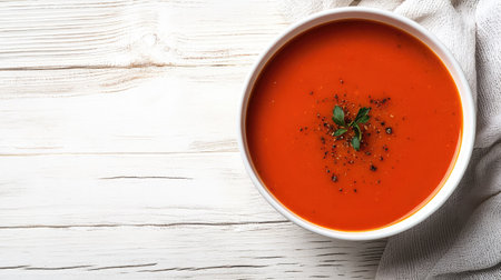 Healthy and delicious tomato lentil soup, warm and comforting, presented on a white wooden table with a corner frame and copy spaceの素材