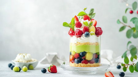 Gourmet matcha and strawberry trifle in a glass jar, featuring lime sponge cake, matcha mascarpone, and fresh berries. Festive white background.の素材