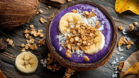 Fresh aa smoothie bowl in a coconut shell, vibrant purple color with banana slices, granola, and coconut flakes, summer wellness theme, top viewの素材