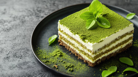 Gourmet matcha tiramisu cake, decadent and layered with matcha-soaked ladyfingers and mascarpone, dusted with green tea powder, top view on a grey tableの素材