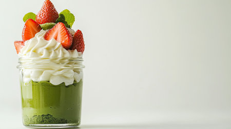 Handmade matcha and strawberry trifle dessert with lime sponge cake and mascarpone matcha cream, served in a jar. White table background.の素材