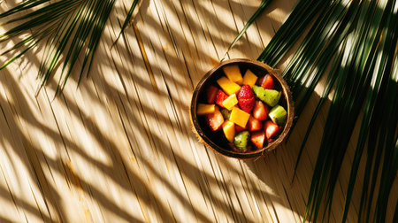 Healthy summer aa bowl in a coconut shell, fresh tropical fruit toppings, set on a bamboo mat with palm leaves, vibrant colors, top viewの素材