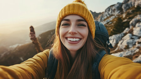 Happy female adventurer with a yellow beanie and backpack takes a joyful selfie on a rocky mountain summit, hand raised in a victory pose.の素材