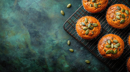 Golden pumpkin muffins on a cooling rack, sprinkled with crunchy pumpkin seeds, warm and spicy aroma, dark green rustic background, top viewの素材
