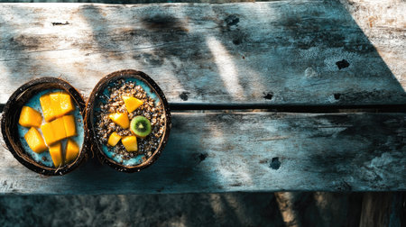 Healthy aa smoothie bowl in a coconut shell, topped with granola, kiwi, and mango, placed on a rustic wooden table, beach vibes, top viewの素材