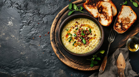 Hearty lentil soup served in a rustic bowl with crispy toasted bread, rich and comforting, placed on a dark textured table, top viewの素材