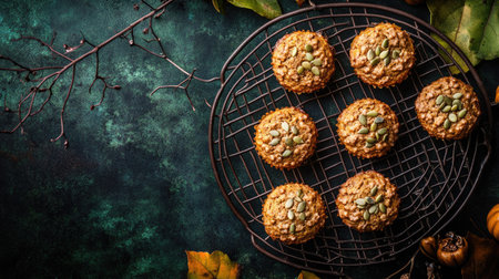 Halloween-themed pumpkin muffins on a cooling rack, spiced and topped with pumpkin seeds, rustic fall setting, dark green background, top viewの素材