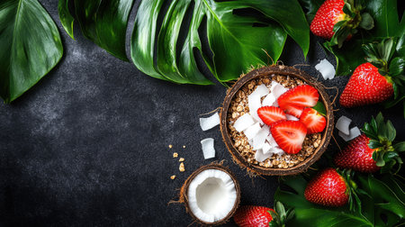 Healthy aa breakfast bowl in a coconut shell, served with granola, strawberries, and shredded coconut, tropical background, top viewの素材