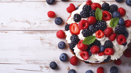 A mouthwatering sponge cake with mixed berries and whipped cream, styled on a rustic white wooden backdrop.の素材
