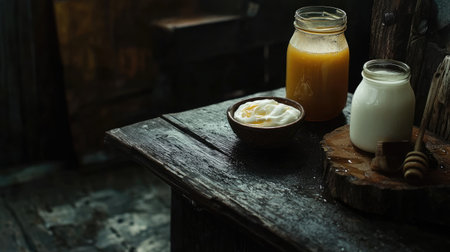 A rustic dairy food scene with a small dish of sour cream, a jar of yogurt, and a drizzle of honey, arranged on a wooden surface.の素材