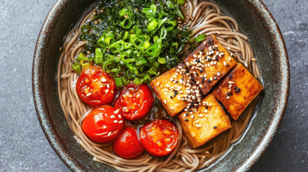 A warm bowl of soba noodle ramen, with roasted cherry tomatoes, sesame-crusted tofu, and a miso-based brothの素材