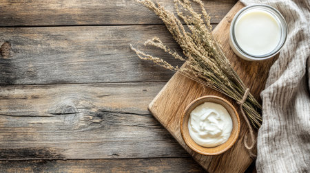 A rustic dairy-themed breakfast with a dish of sour cream and a glass of yogurt, placed on a wooden cutting board.の素材