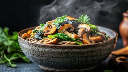 A steaming bowl of soba noodles with roasted mushrooms, seaweed, and baby bok choy, served in a rustic ceramic bowlの素材