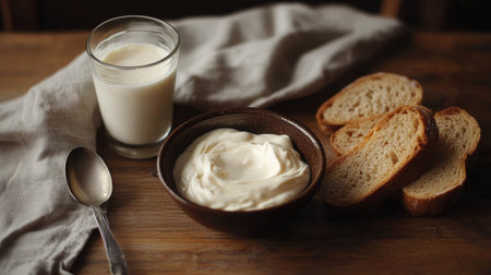 A simple dairy breakfast featuring a bowl of smooth sour cream, a glass of yogurt, and a side of whole grain bread.の素材