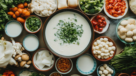 A top-down view of a soy milk hot pot feast, featuring a variety of fresh vegetables, mushrooms, and dipping saucesの素材