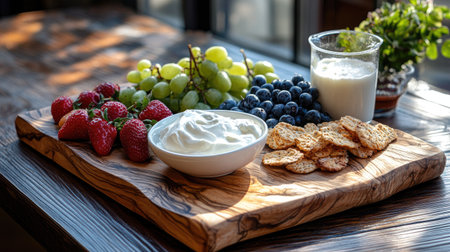 A wooden cutting board with a bowl of sour cream, a glass of yogurt, and fresh fruit for a nutritious breakfast.の素材