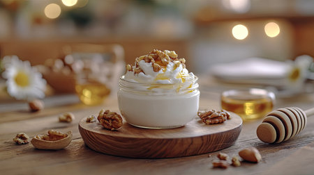 A stylish food photography shot of sour cream in a dish, fresh yogurt in a glass jar, and a side of nuts and honey.の素材