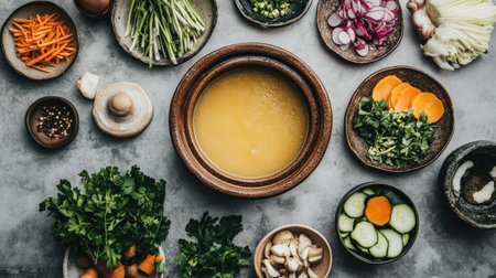 A top-down view of a miso nabe preparation, with fresh ingredients meticulously arranged beside a simmering clay pot of broth.の素材