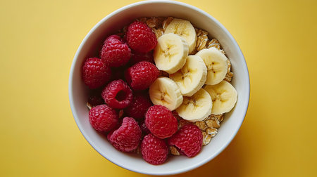 A top-down view of a healthy breakfast bowl filled with crunchy muesli, fresh raspberries, and sliced bananas.の素材