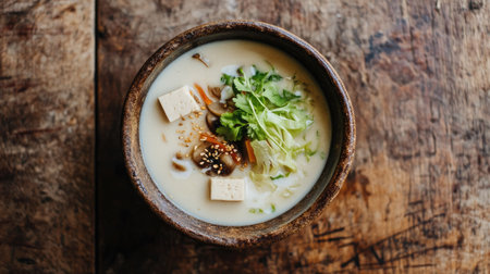A small ceramic bowl of soy milk broth with tender napa cabbage, mushrooms, and tofu, served on a rustic wooden tableの素材