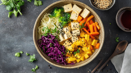 Cozy winter miso hot pot served in a ceramic bowl, featuring an assortment of vibrant vegetables, tofu, and miso-flavored broth.の素材