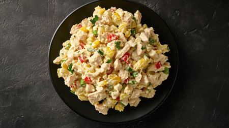 Fresh and nutritious tuna salad on a black plate, highlighting bright colors against a dark stone table. Overhead view with copy space.の素材