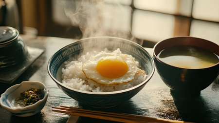 A steaming bowl of rice topped with a sunny-side-up egg, accompanied by a warm soup and condiments. Perfect for breakfast or a comforting meal at home.の素材