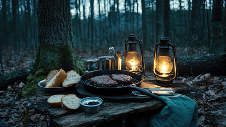 A serene outdoor cooking setup featuring delicious steak on a wooden table, surrounded by lanterns and bread, creating a cozy atmosphere in the forest.の素材