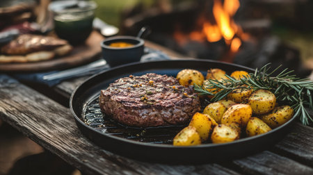 A delicious grilled beef patty served with golden roasted potatoes and fragrant rosemary, perfect for outdoor dining by a warm campfire setting.の素材