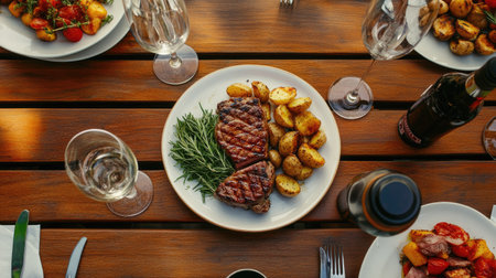 A beautifully arranged plate featuring grilled steak, crispy potatoes, and fresh herbs. Ideal for showcasing rustic dining experiences and gourmet food settings.の素材