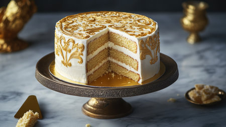 A beautifully decorated cake with gold accents sits on an elegant stand. Slices reveal rich layers, making it a perfect dessert for any celebration or gathering.の素材