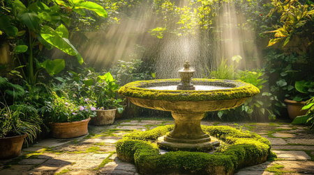 A beautiful garden fountain with sunlight filtering through the trees creates a serene and tranquil atmosphere, surrounded by vibrant greenery and fresh plants.の素材