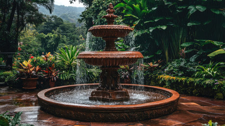 Explore a stunning garden fountain with flowing water, surrounded by vibrant tropical plants. A perfect oasis for relaxation and peaceful moments in nature.の素材