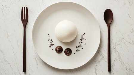 A beautifully arranged dessert on a minimalist plate, featuring a round sweet delicacy with chocolate sauce. Ideal for showcasing elegant dining.の素材