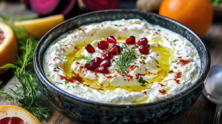 A vibrant bowl of creamy dip topped with pomegranate seeds and a drizzle of olive oil, perfect for appetizers or gatherings, showcasing a colorful, fresh approach to cuisine.の素材
