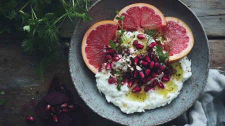 A beautifully arranged salad featuring fresh grapefruit slices, pomegranate seeds, and creamy yogurt, set on a rustic wooden table for a vibrant, healthy meal.の素材