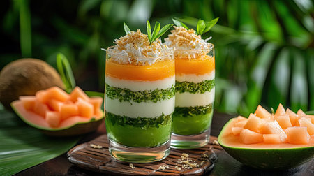 Two elegant dessert cups feature vibrant layers of fruits and cream, topped with coconut and garnished with fresh leaves, perfect for a refreshing treat.の素材