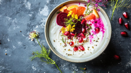 A stunning yogurt bowl topped with vibrant fruits and edible flowers creates a visually appealing and nutritious dish perfect for any meal.の素材